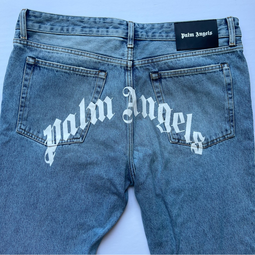 Palm Angels Back Logo Jeans 5 Pockets Light Blue Size 36 Streetwear Edgy Skater